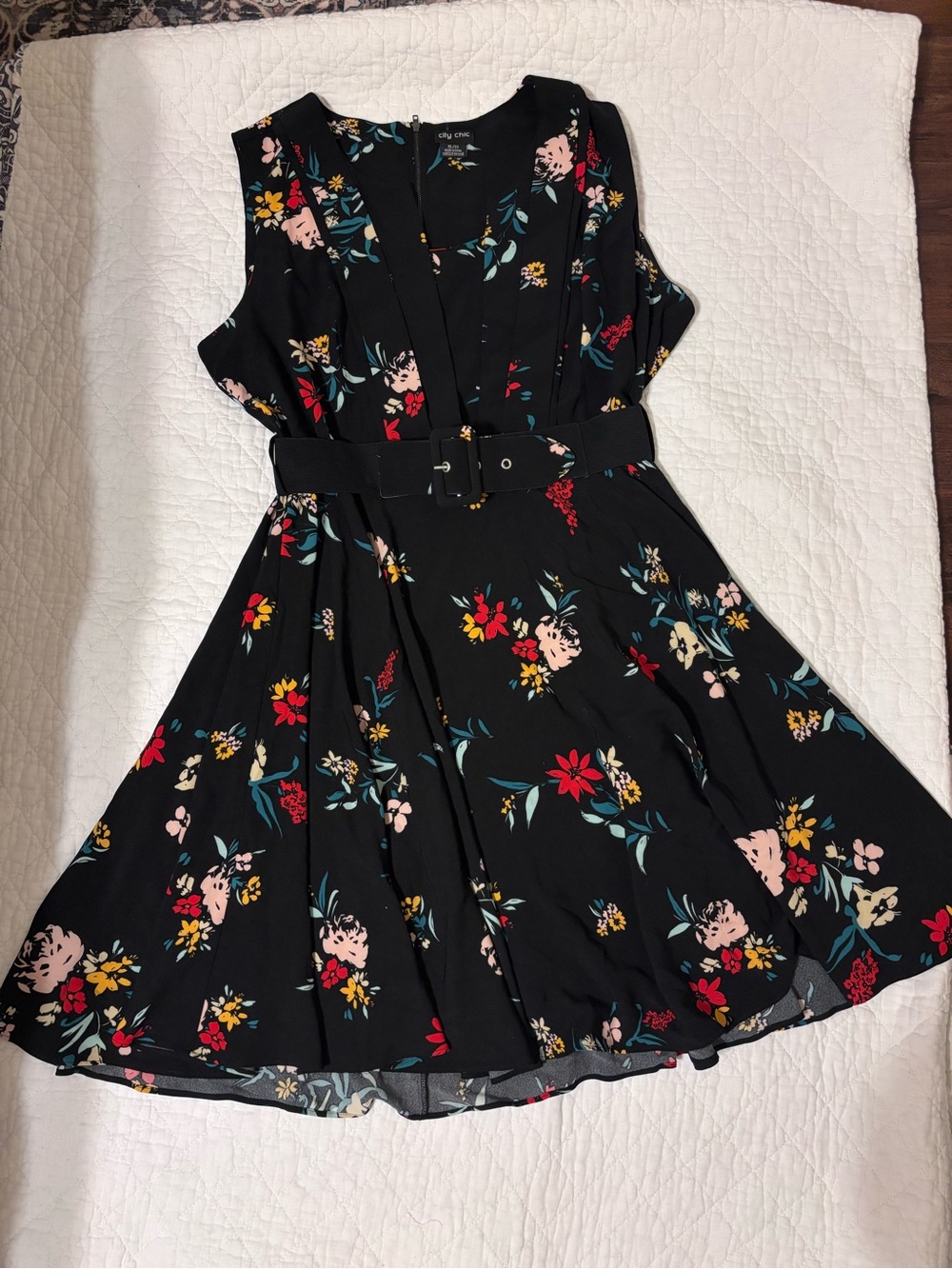 City Chic Flowerette Floral Fit & Flare Dress Black Belted Women's XL (22)